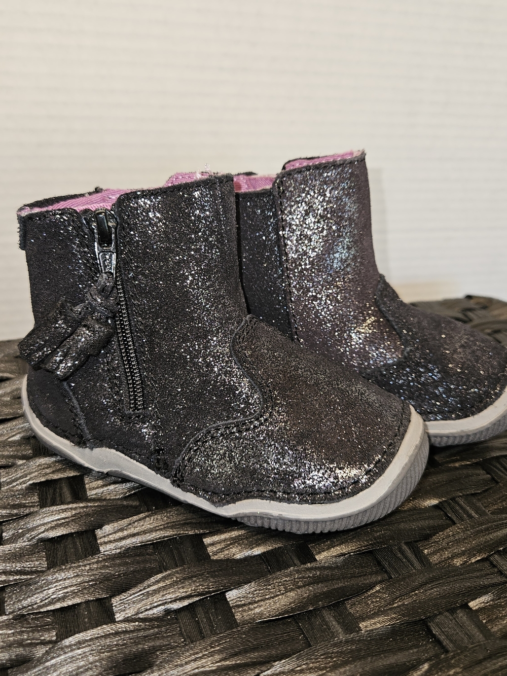 Stride Rite Black Glitter Toddler Side-Zip Boots with Pink Lining